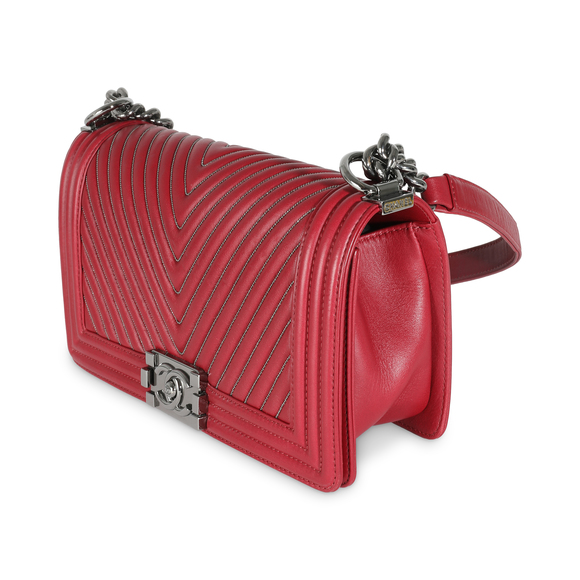 Chanel Burgundy Chevron Calfskin Chain Medium Boy Bag - Picture 4 of 8